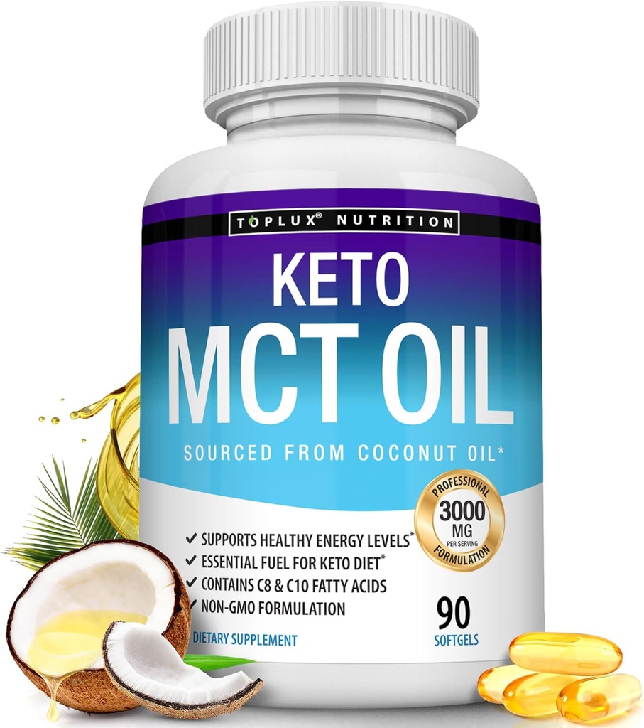 Toplux Keto MCT dầu Capsules - 3000mg dầu lọc tự nhiên, Nguồn năng lượng, dễ dàng cho nam giới, 90 Softgels, bổ sung