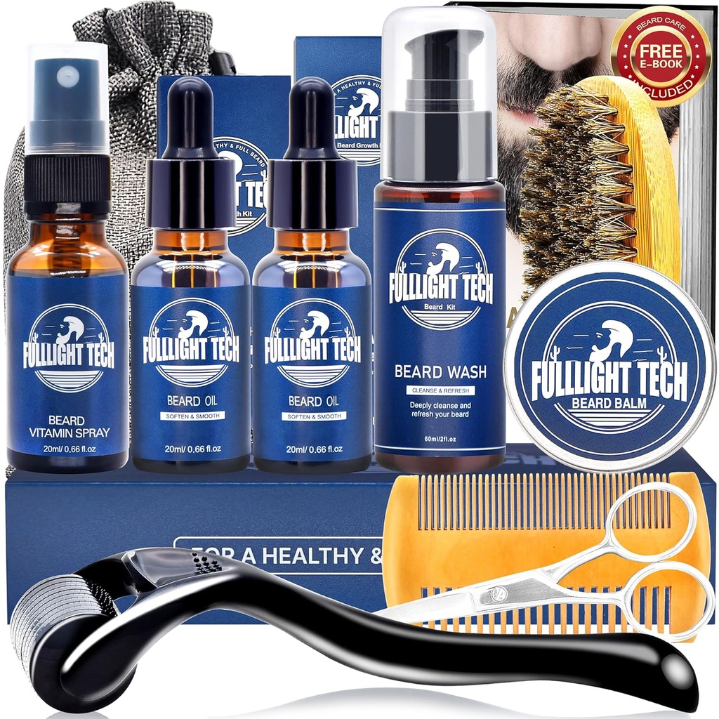 Kit de îngrijire bărbier pentru bărbaţi-nurish moale Grooming Barbă Patchy W/Vitamin Spray, ulei mustaţă, balsam, spălare, barbă Bristle Brush, Wooden Comb, Foarfeci,Valentine Pathers Cadouri pentru bărbaţi Tatal lui Sotul iubit