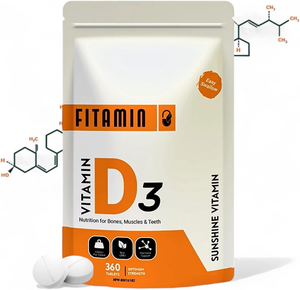 Vitamina D3 1000iu - 360 comprimate Easy-Swallow pentru oase puternice, dinți sănătoși, sistem imunitar de sprijin și funcția musculară - Suplimentul natural vitamina D - 1 an de aprovizionare pentru bărbați, femei și vârstnici