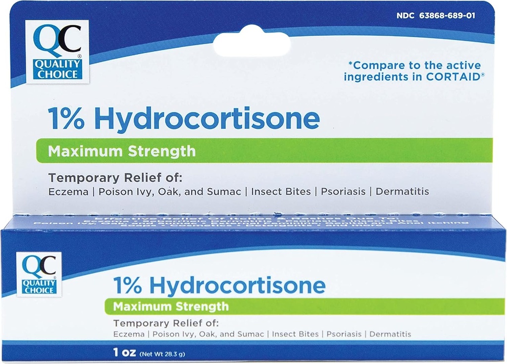 质量选择 1% Hydrocortisone Cream 最大强度 1 Oz(与 CORTAID 最大强度的比较)(一包)