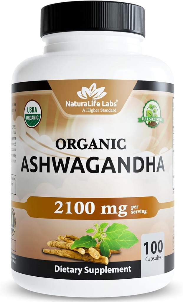 NaturaLife Labs Organic Ashwagandha 2100 mg zerbitzatu bakoitzeko - Erro-hautsa eta erauzketa - 100 kapsula - Vegan, Gluten-Free