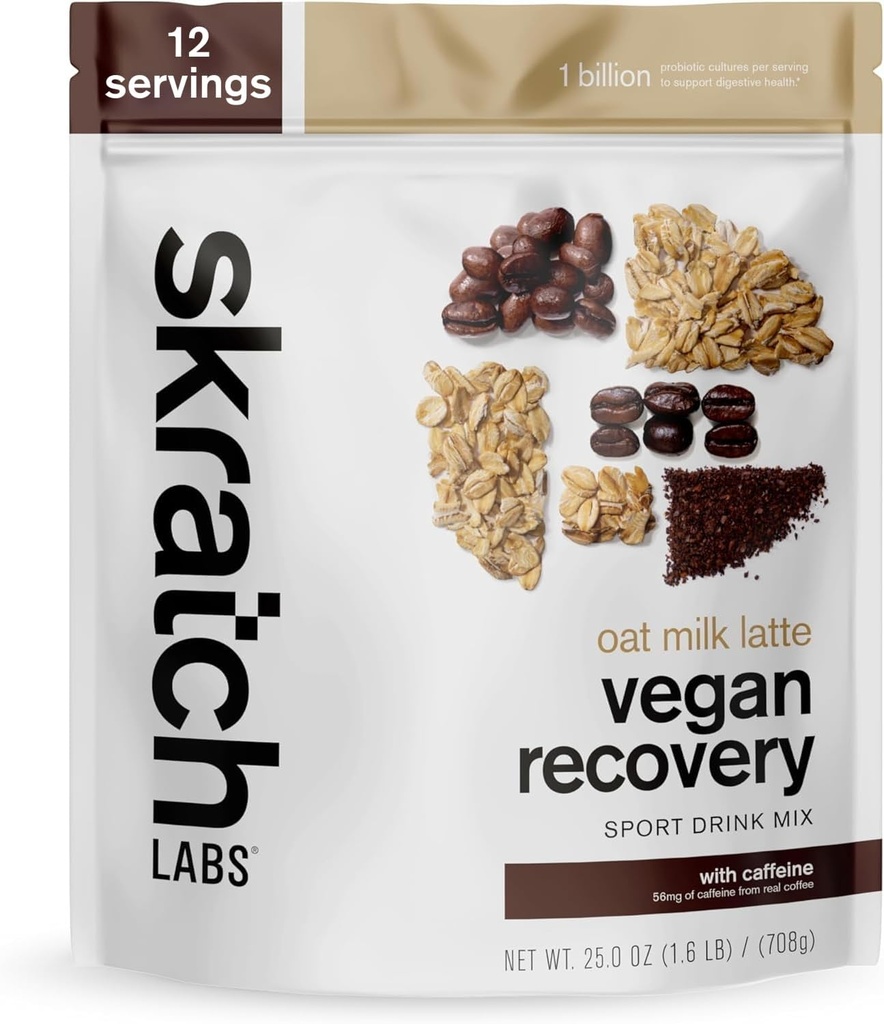 Skratch Labs Recovery Drink Mix - Oat Milk Latte - Post Workout Powder - Complete Plant Protein and Probiotics - 56mg kofeinu z kávy - 12 Servings - Gluten Free, Kosher, Non- GMO