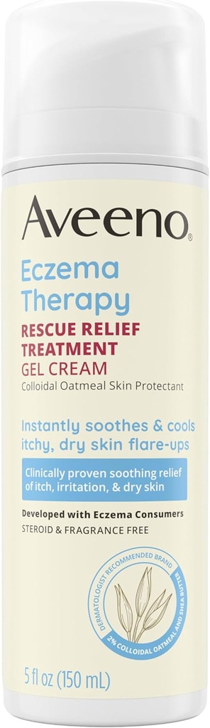 Aveeno Eczema Therapy Rescue Relief Treatment Gel Cream med Colloidal Oatmeal Skin Protectant, Instantly Soothes & Cools Itchy Dry Skin Flare-Ups, Steroid & Fragrance Free, 5.0 fl. oz