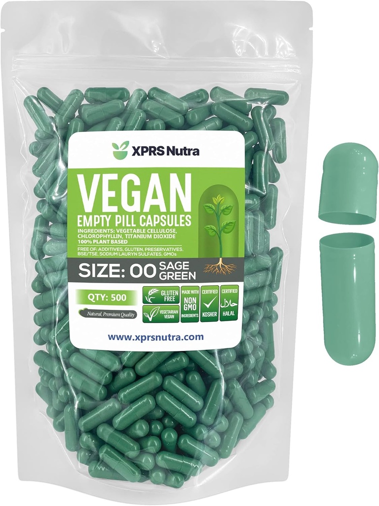 XPRS Nutra Størrelse 00 Tomme kapsler - 500 Grev Tomme Veganske kapsler - Vegetariske Tomme piller - Du Vegetabilske Kapsler Filling- Veggie Pill Caps (Sage Green)