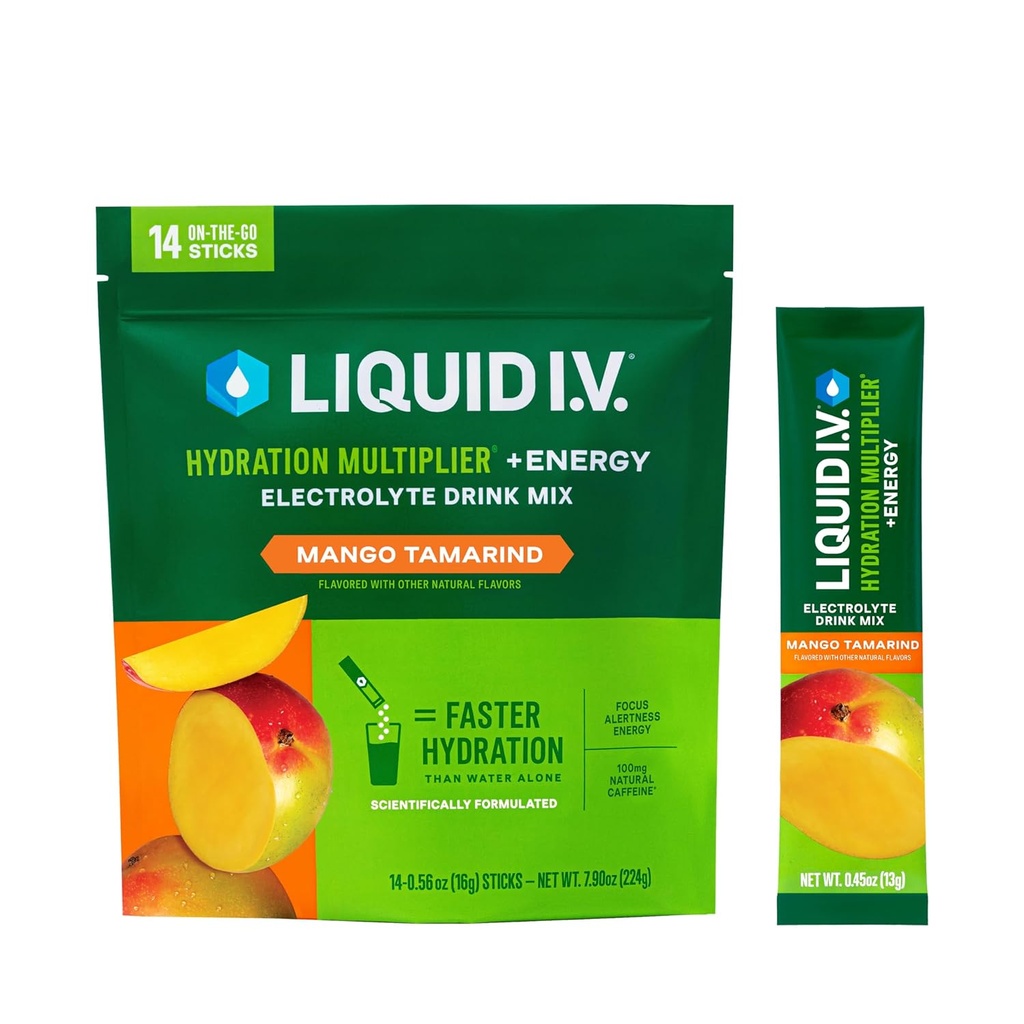 Liquido I.V.® Hydration Multiplier® +Energy - Mango Tamarind - Idration Powder Packets | Electrolyte Powder Drink Mix | Convenient Single-Serving Sticks | Non-GMO | 14 Servings (Pacchetto di 12)