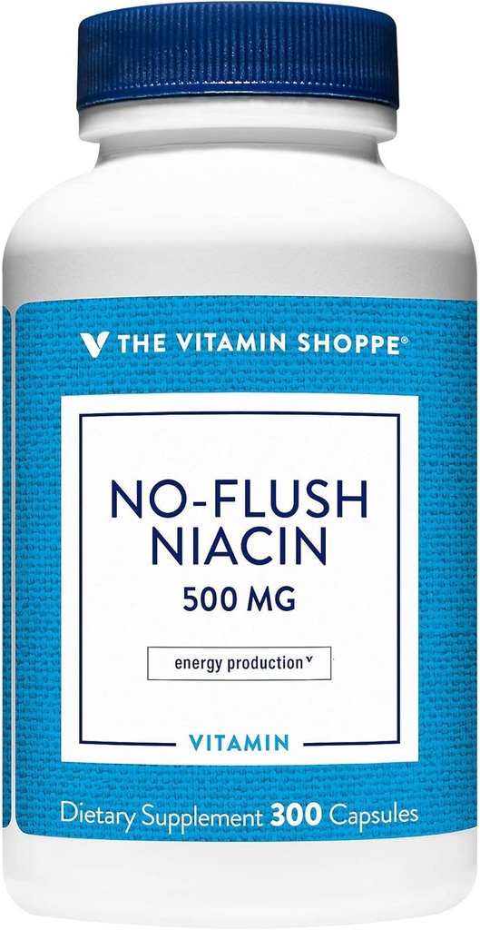 A Vitamina Shoppe No Flush Niacin 500MG, Suporta níveis de colesterol já dentro da faixa normal, Suporta Metabolismo e Produção de Energia, Uma vez por dia (300 Cápsulas)