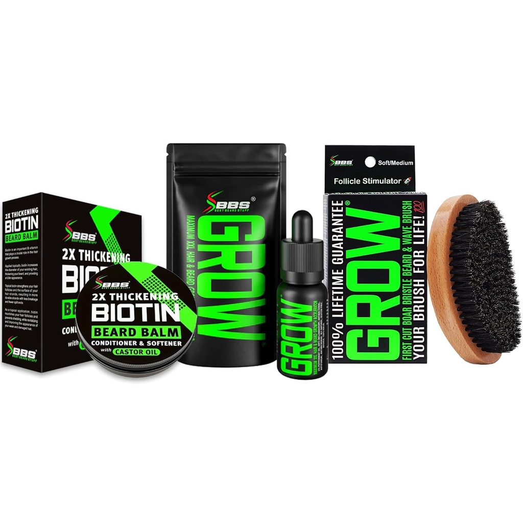 Beard Growth Kit w/GROW XXL Beard Oil/Serum for Facial Hair Growth for Men + 100% Lifetime Replacement Boar Bristle Brush + 2X Thickening Biotin Mustache Wax & Balm for Men - Formulated in America