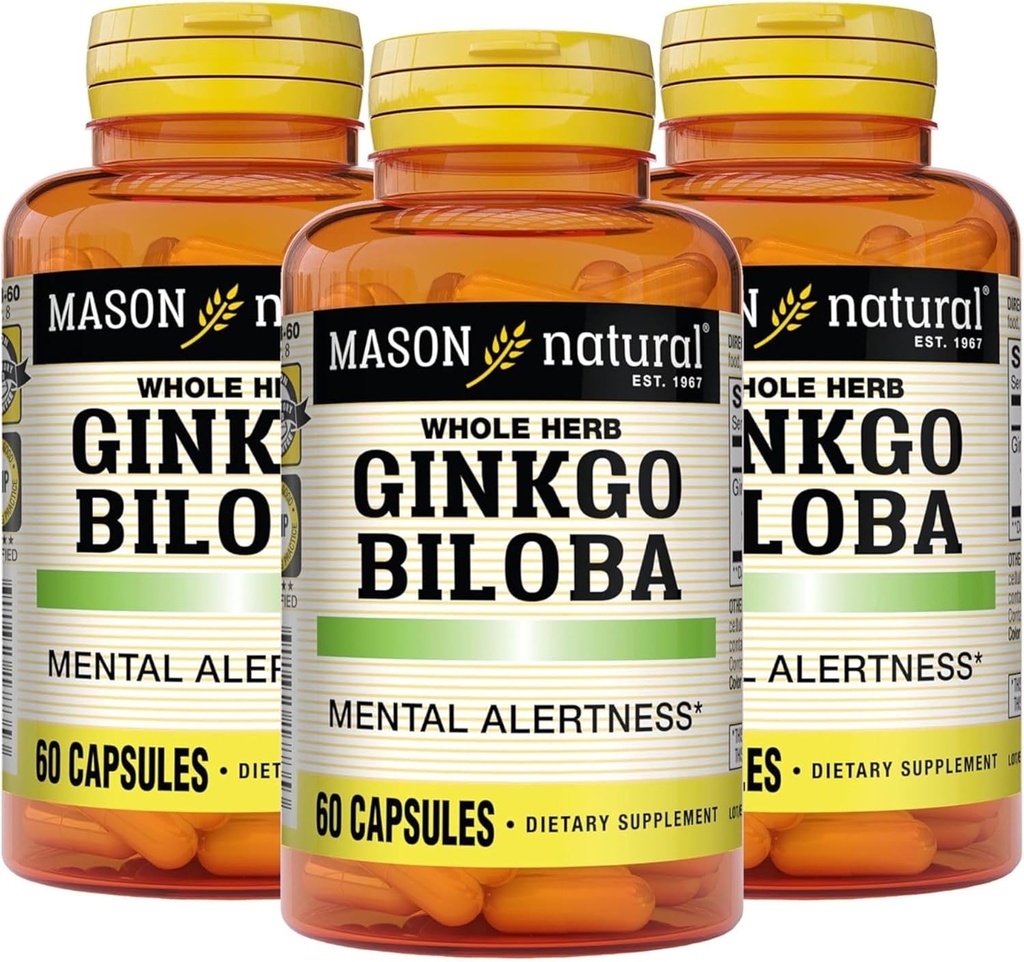 MÀSON NATURAL Ginkgo Biloba, 3 mes d'hora, ajuda a Millora Alerta mental i ajuda a la funció de Bratmal, 60 Capsules (3 paquets)