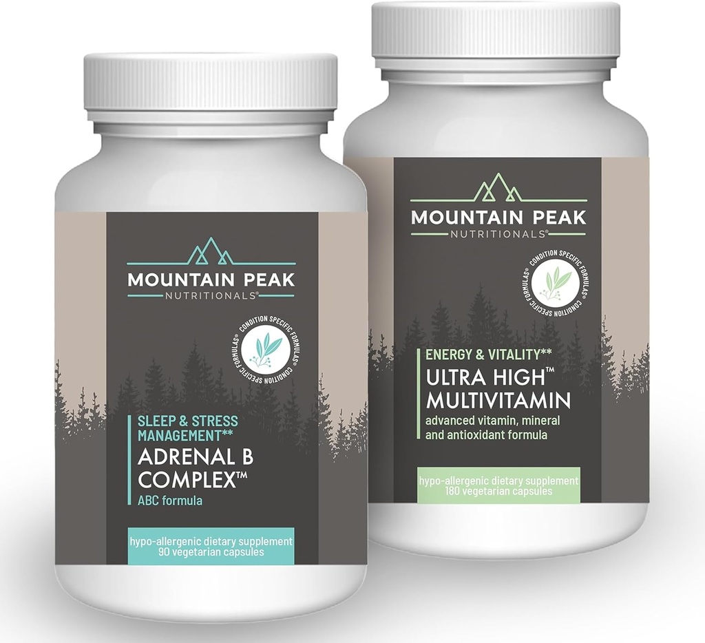 Mountain Peak Nutritionals Adrenal B Complex & Ultra High Multivitamin Combo Pack - Vitamin, Multi- Mineral, & Adaptogen Support - B Vitamíny, Probiotika, & Essential Nutricents - 90 & 180 Vegetarian Ca
