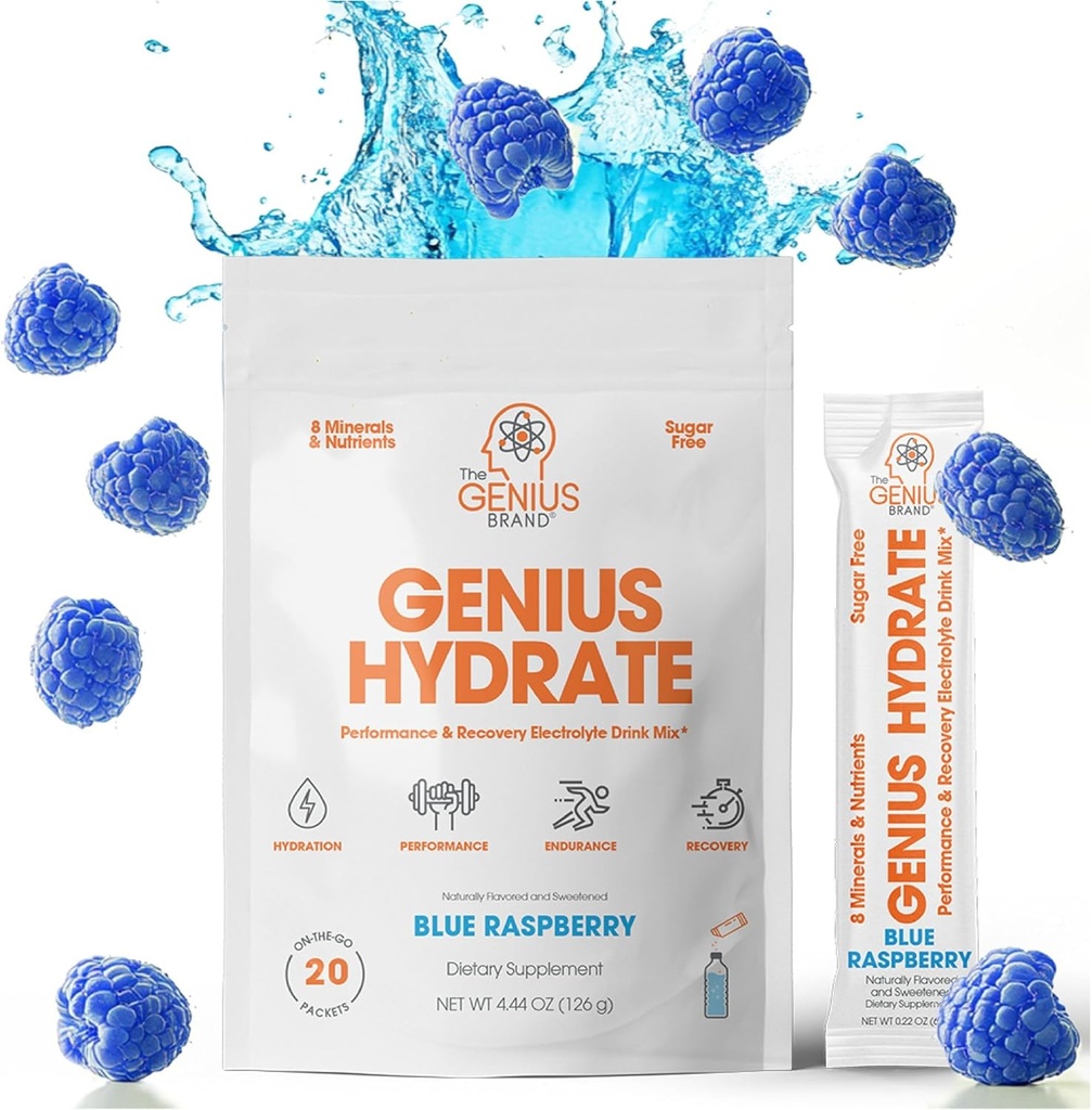 Genius Brand - Genius Hydrate Stick Pack milteliai Geriamasis mišinys - Mėlyna Aviečių skonio, Natūralus Electrolyte Booster kokoso vandens ir kalio Ultimate Hidration - 20 Paketų