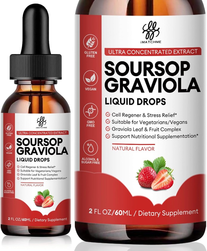 iMATCHME Soursop Graviola 액체 드롭, Soursop Bitters 액체, 자연적인 Soursop는 전체 웰빙, 설탕 / 카페인 / 글루텐 무료, 딸기 맛, 2 Fl Oz를 위한 & 과일 단지를 남겨둡니다