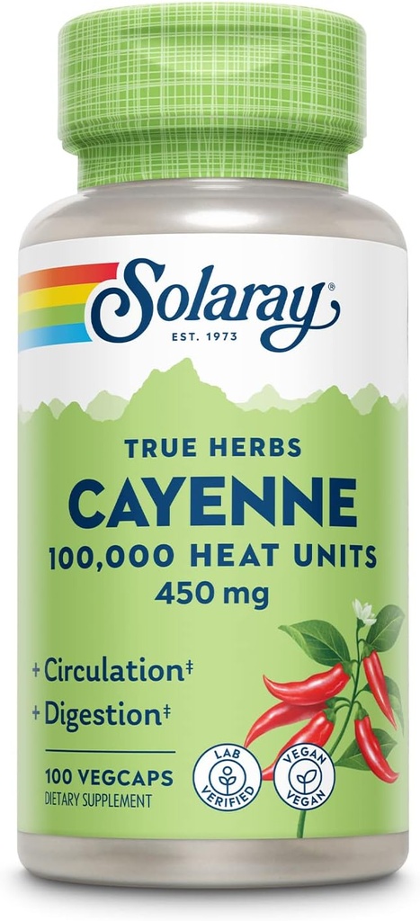 SOLARAY Cayen Pepper 450 mg 100 100.000$ Unitat Heat healthy Digestion, Circulació, metabolisme i implementació vascular de l'Udenti-GMO, 100egCaps
