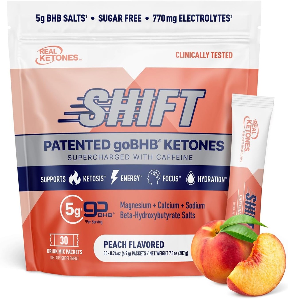 Real Ketones BHB Exogenous Ketones Drink Mix Packets Keto Electrolites Powder Packets No Sugar with 4 Main Fasting Electrolites Plus Hydrating Patented Keto BHB - 30 Count Peach koffein