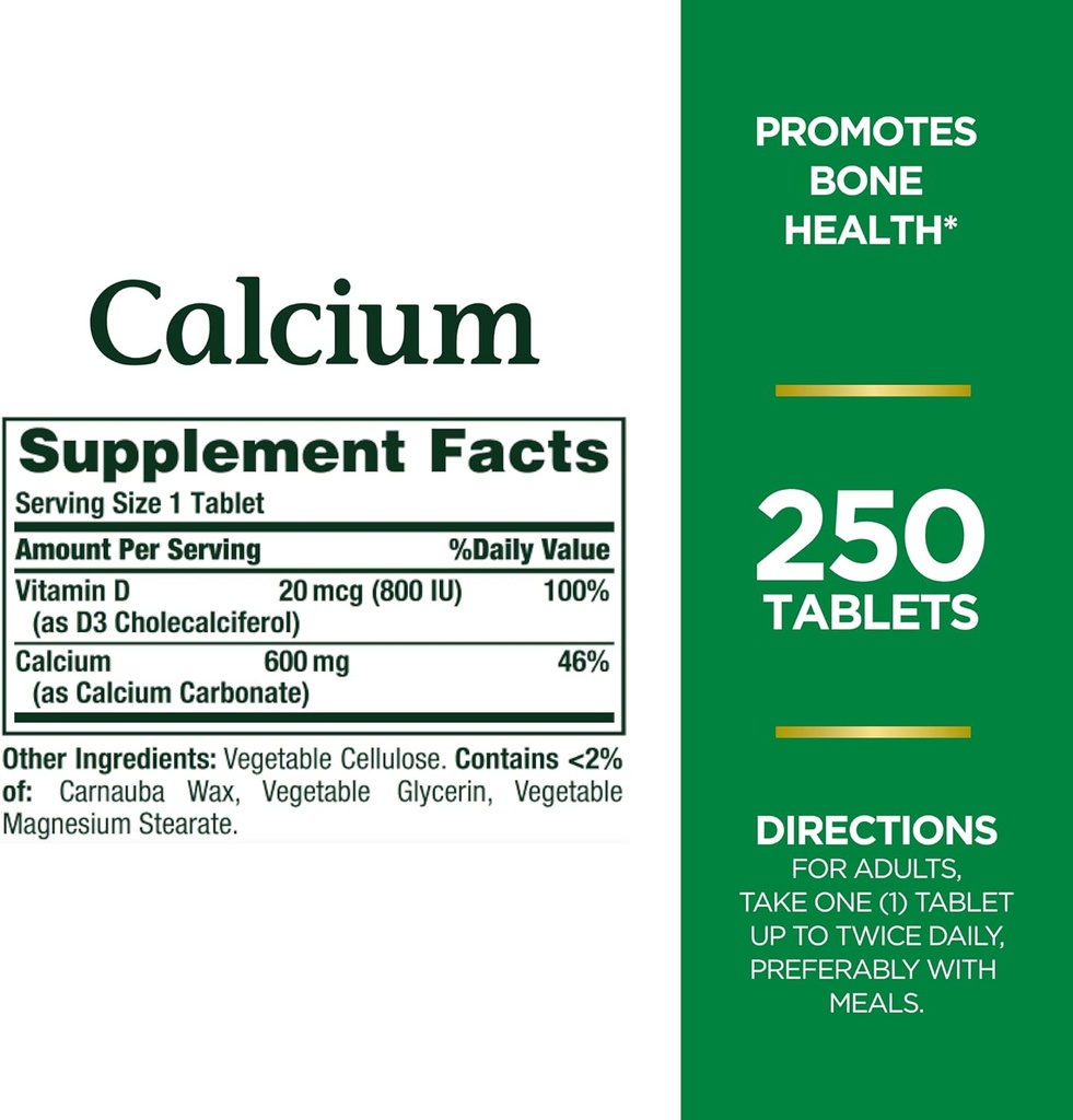 Nature 's Bounty Calcium Carbonate & Vitaminas D, Palaiko imuninę sveikatą & Kaulų sveikatą, 600 mg Calcium & 800IU Vitaminas D3, 250 tablečių (pakuotė 2)