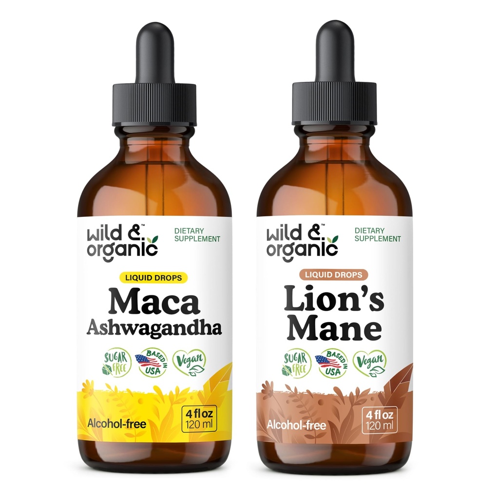 Wild & Organic Maca Ashwagandha Tincture 4 fl oz & Lion's Mane Tincture 4 fl oz