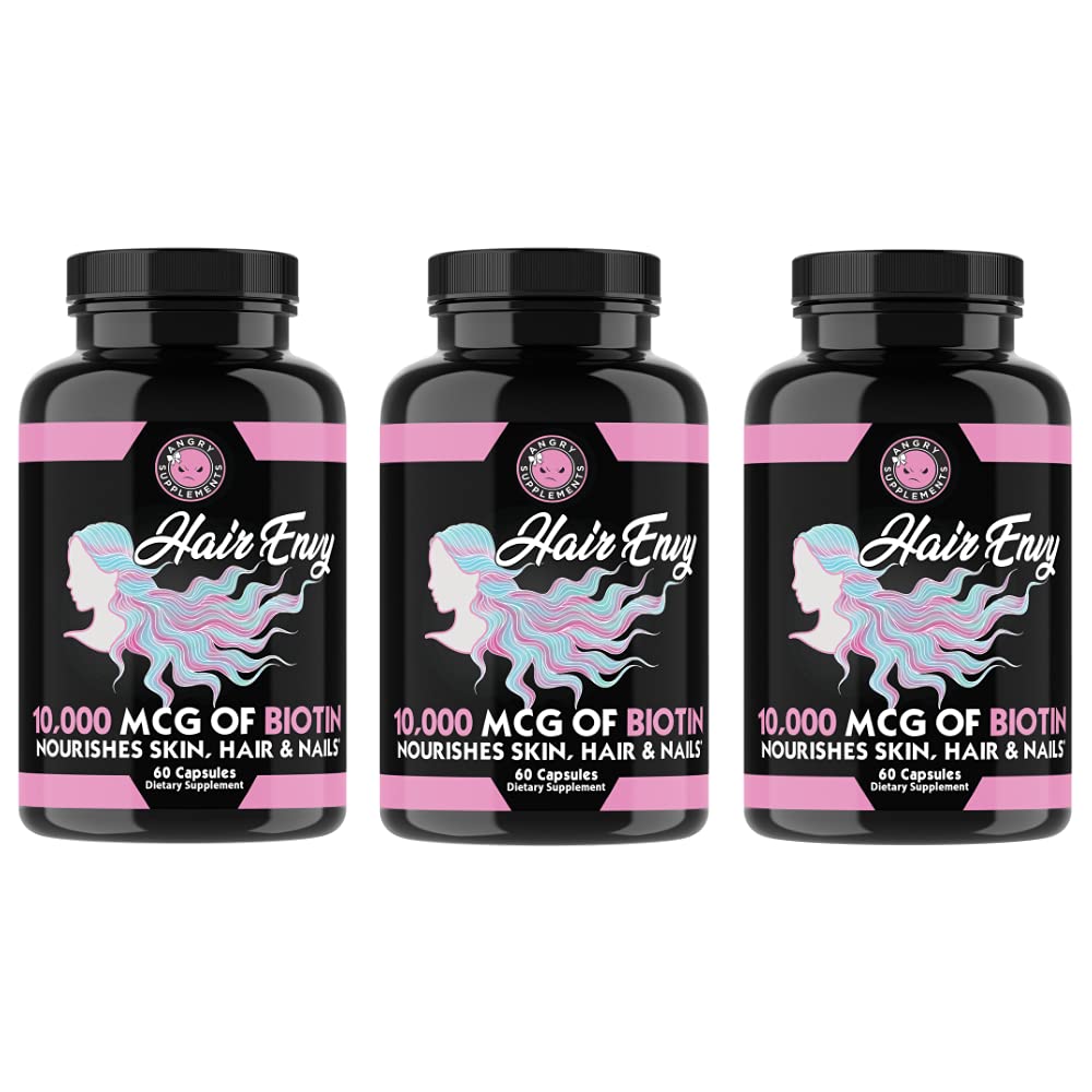 Angry Supplements Hair Envy 10,000 mcg Biotin + Keratin, Grow + Hydrate Hair, Strengthen Thicken Nails, Clear & Nourish Skin – Help Damaged Thinning Hair, (3-Bottles)