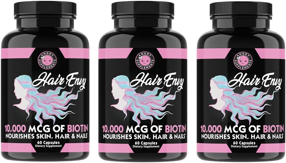 Angry Supplements Hair Envy 10.000 mcg Biotin + Keratin, Crescere + Hydrate Hair, Rafforzare le unghie spesse, Clear & Nourish Skin – Aiuta i capelli spessi, (3-Bottles)