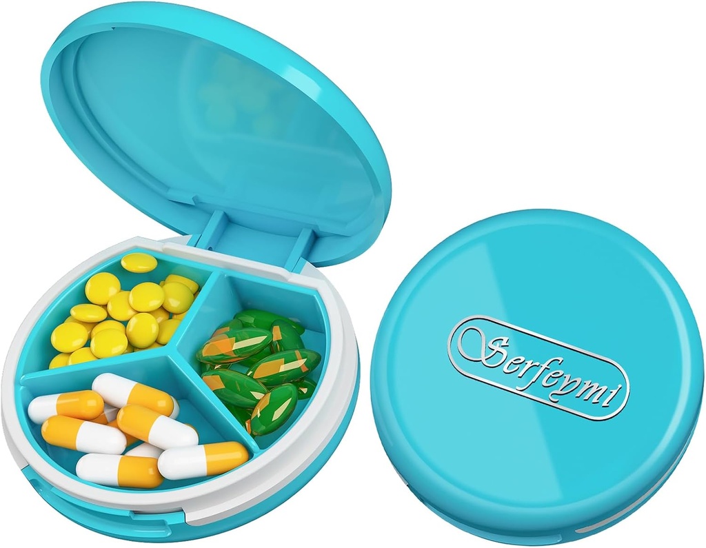 Serfeymi Small Pill Box - 3 Komory Przenośne Pill Box do kieszeni torebki, Compact Mini Travel Pill Case - Nadaje się do medycyny, Witamina, Olej rybny, Suplementy - Jasnoniebieski (Logo)