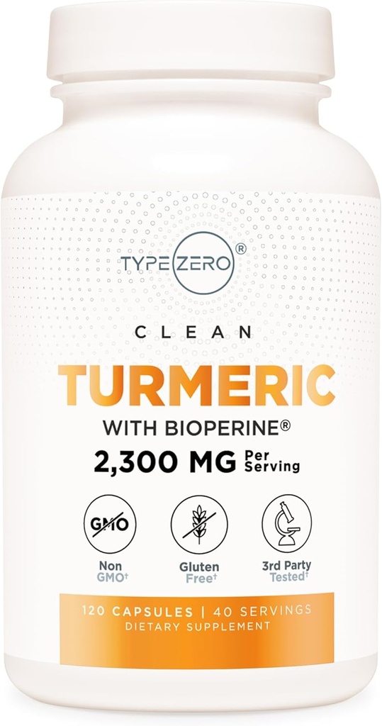 Tüüp Zero kurkum bioperiiniga (120 kapslit) (2300 mg portsjoni kohta) - GMO-vaba, Gluteenivaba, 3. partei testitud