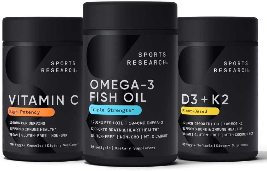 Sports Research 1250 mg Omega 3 Burpless Fish Oil - Wild Alaskan Pollock - (90 Count), High Potency Vegan Vitamina C 1000mg (240 Count) + Vegan 5000iu Vitamina D cu 100mcg Mk7 Vitamina K (60 Count)