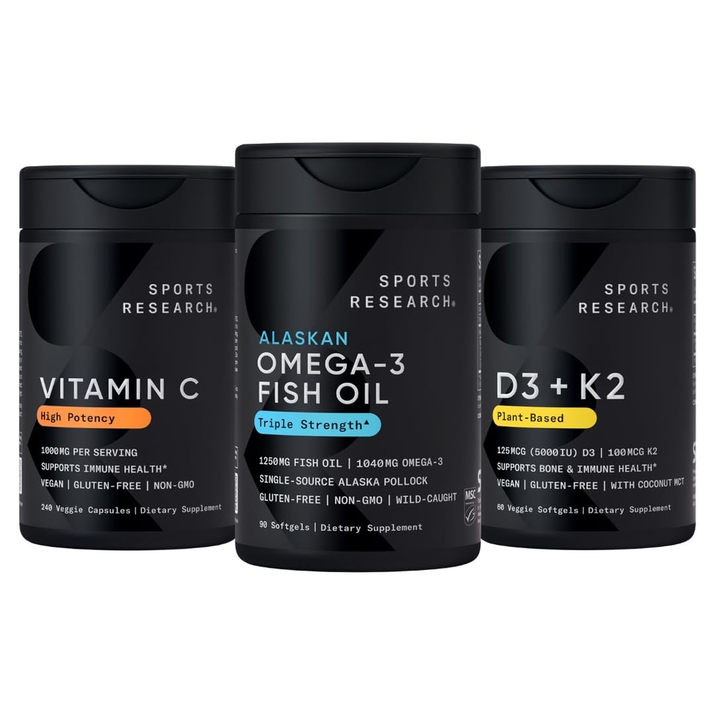 Sports Research® 1250 mg Omega 3 Burpless Fish Oil - Wild Alaskan Pollock - (90 Count), High Potency Vegan Vitamin C 1000mg (240 Count) + Vegan 5000iu Vitamin D with 100mcg Mk7 Vitamin K (60 Count)