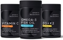 Sports Research 1250 mg Omega 3 Burpless Fish Oil - Wild Alaska Pollock - (90 Count), High Potency Vegan Vitamin C 1000mg (240 Count) + Vegan 5000iu Vitamin D med 100mcg Mk7 Vitamin K (60 Count)