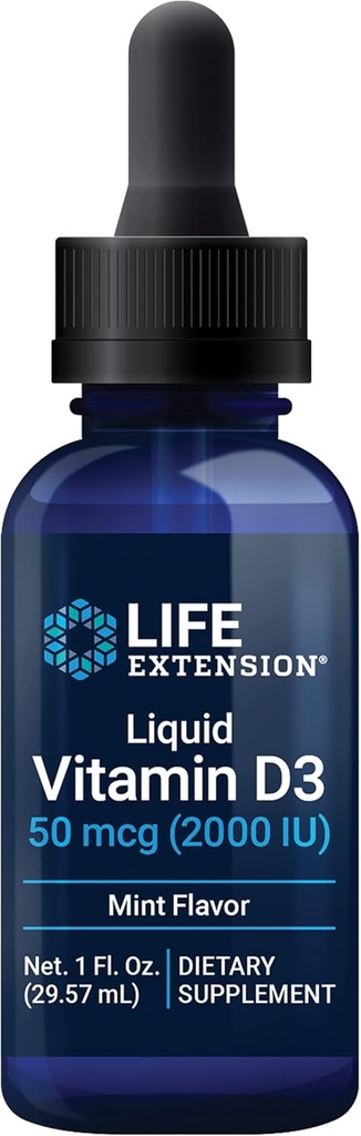 Extensión de vida Vitamina D3 líquido (Mint), 50 mcg (2000 IU), Immune System Support, Bone Health, WholeBody Health, Tasty Peppermint Flavor, Gluten Free, Non-GMO, 29,57 ml