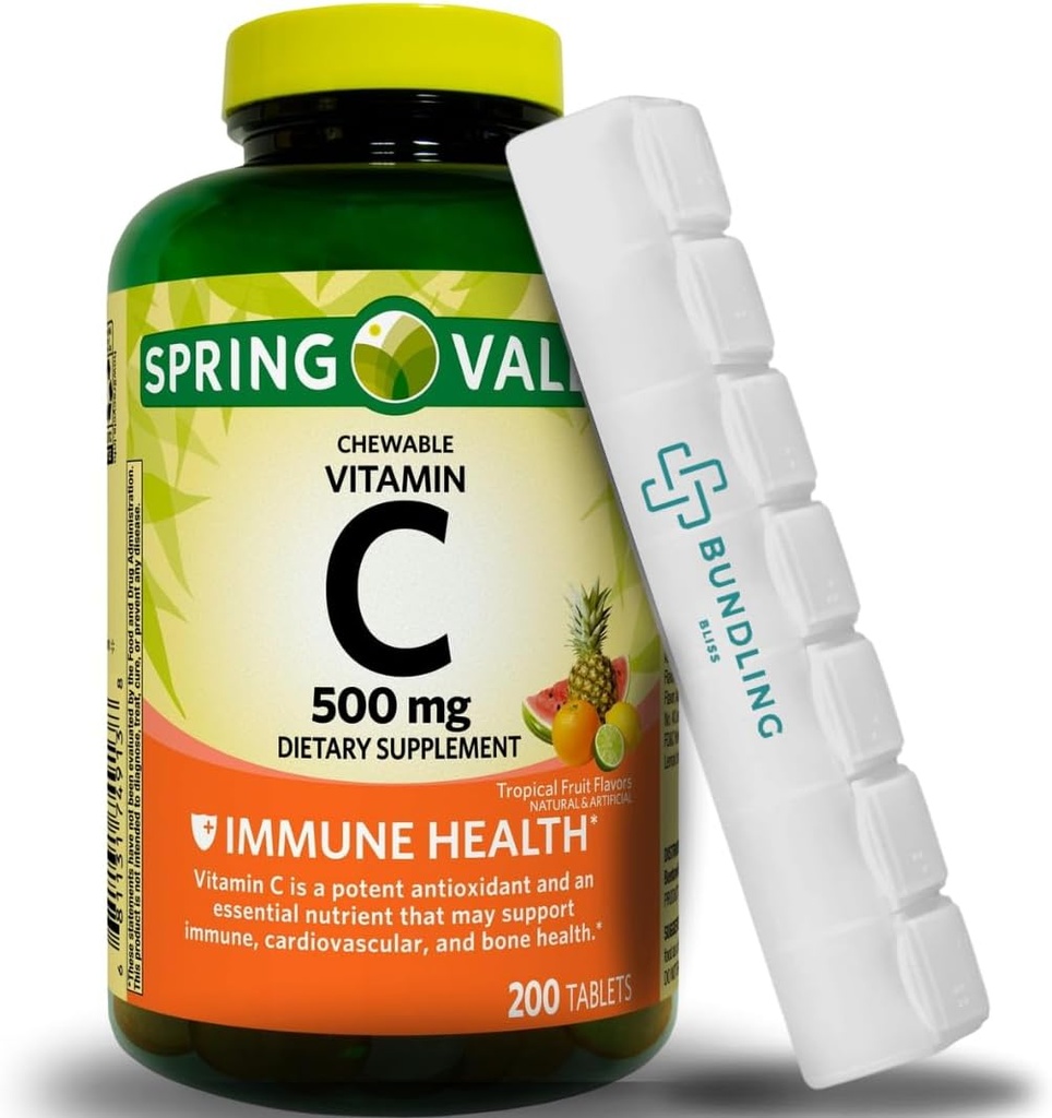 Vitamin C 500mg, Chewable Tablet, Dietary Supplement, 200 Count (Includes Bonus Pill Organizer) - 1 Paket