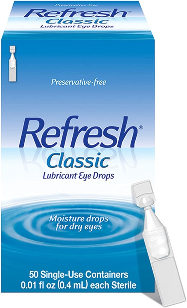 Refresh Classic Tepalų lašai Eye Drops, Konteineriai nemokamai, 0.01 Fl Oz Single- Naudoti konteineriai, 50 Count, Pakuočių 1, Packaging May Vary