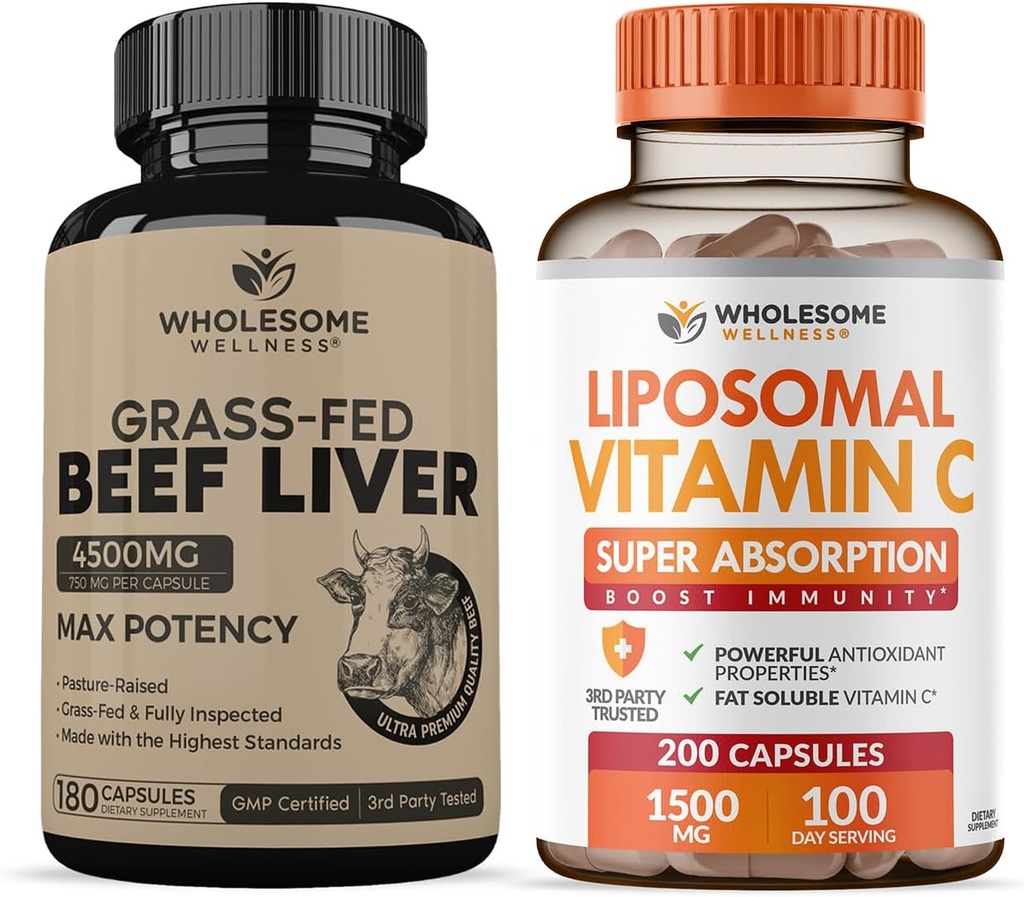 Grass Fed Desiccated Beef Liver Capsules (180 pílulas, 750mg cada unha) + cápsulas de vitamina C liposómicas (200 pílulas 1500mg Buffered) VIT C Bundle de alta absorción