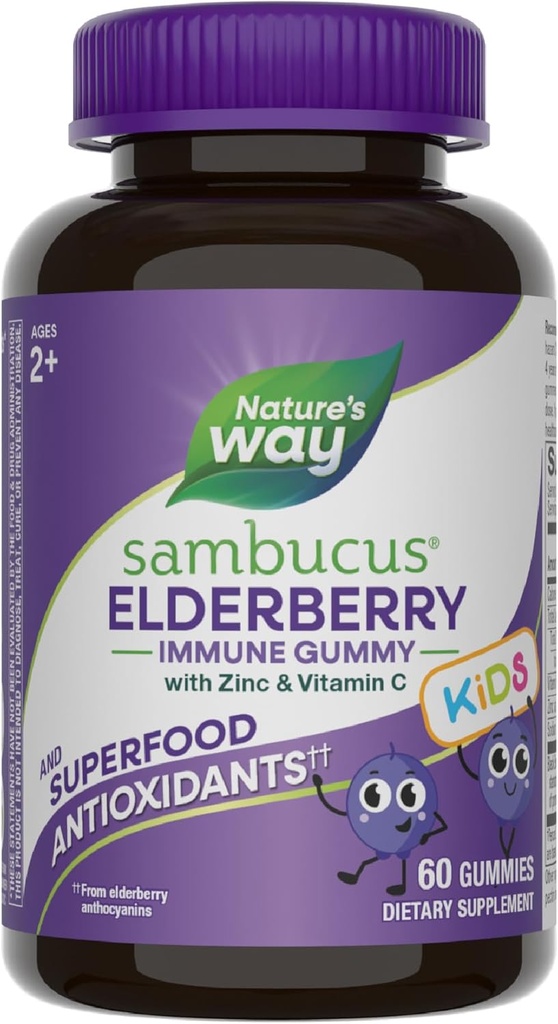 Nature's Way Sambucus Elderberry Immune Gummies for Kids, Immune Support Gummies*, with Black Elderberry Extract, Vitamin C and Zinc, 60 Gummies