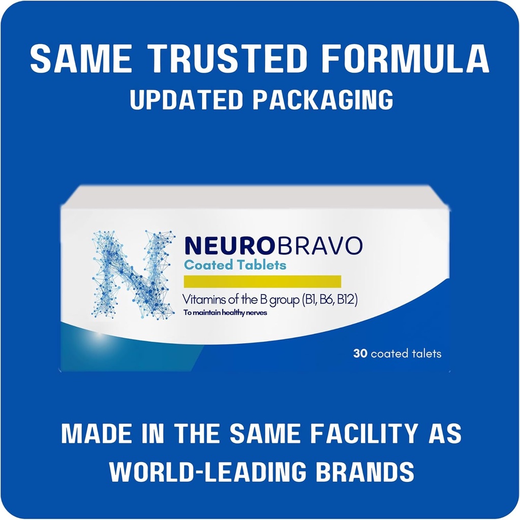 Neurobravo Vitaminas B1, B6, B12 tabletės nervo sveikatai, nervo skausmas, tirpulys, raumenų sustingimas, raumenų mėšlungis, sutrikęs jutimas