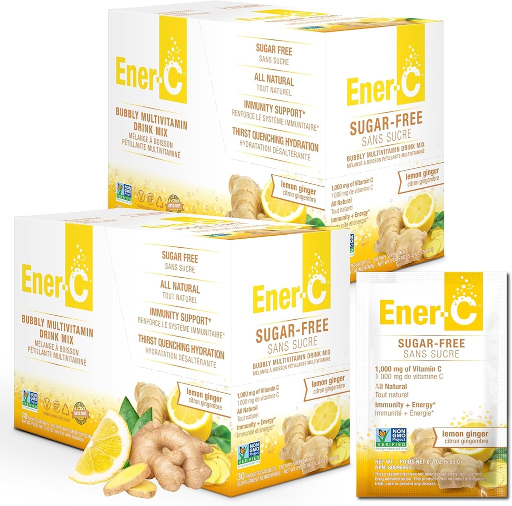 Ener-C Sugar Free Energy Limon Ginger Multivitamin İçki C 1000mg & Electrolytes - Real Fruit Juice Tozlar ilə Natural Immunity Support - Gluten Pulsuz - 60 Count-GMO Vegan & Gluten