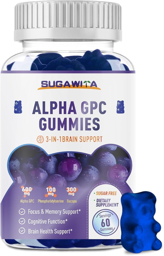 Alpha GPC Choline Gummies 600 mg with Phosphatidylserine & Bacopa – 3in-1 Beyin Memory, Focus & Long-Term Cognitive Health – Sugar-Free, Natural Formula, 60 Count