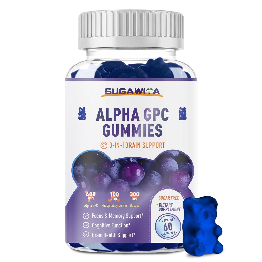 Alpha GPC Choline Gummies 600mg with Phosphatidylserine & Bacopa – 3-in-1 Brain Support for Memory, Focus & Long-Term Cognitive Health – Sugar-Free, Natural Formula, 60 Count