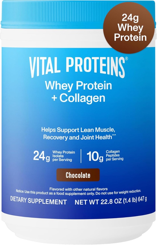 Proteínas Vitais Whey Protein Powder+ Colágeno Peptídeos, 24g Protein Supporting Recovery & Joint Health, com vitamina C, cerca de 16 Servings - Chocolate 22.8 oz