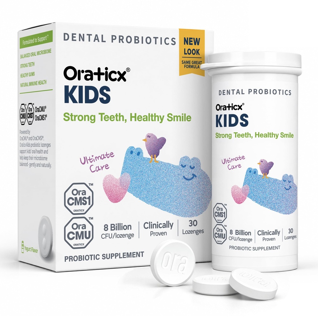 OraTicx Kids Dental Probiotics, Healthy Teeth, Yogurt Flavor, 30ct 1-PK | Clinically Studied Probiotic, Supports Teeth & Gums, Ages 3+, Sugar-Free, Xylitol, 30 Lozenges, No Refrigeration