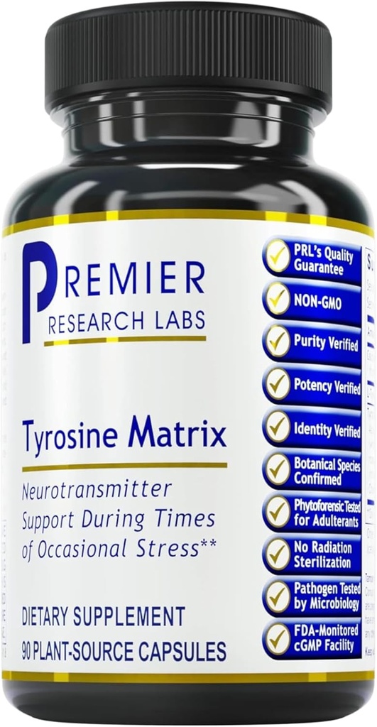 Premier Research Labs Tyrosine Matrix - L Tyrosine Supplement, L-tyrosiini 944 mg kapselit aikuisille, Aminohappo pillerit Red Algae & Rhodiola Rosea - 90 Kasvissyöjäkapselit