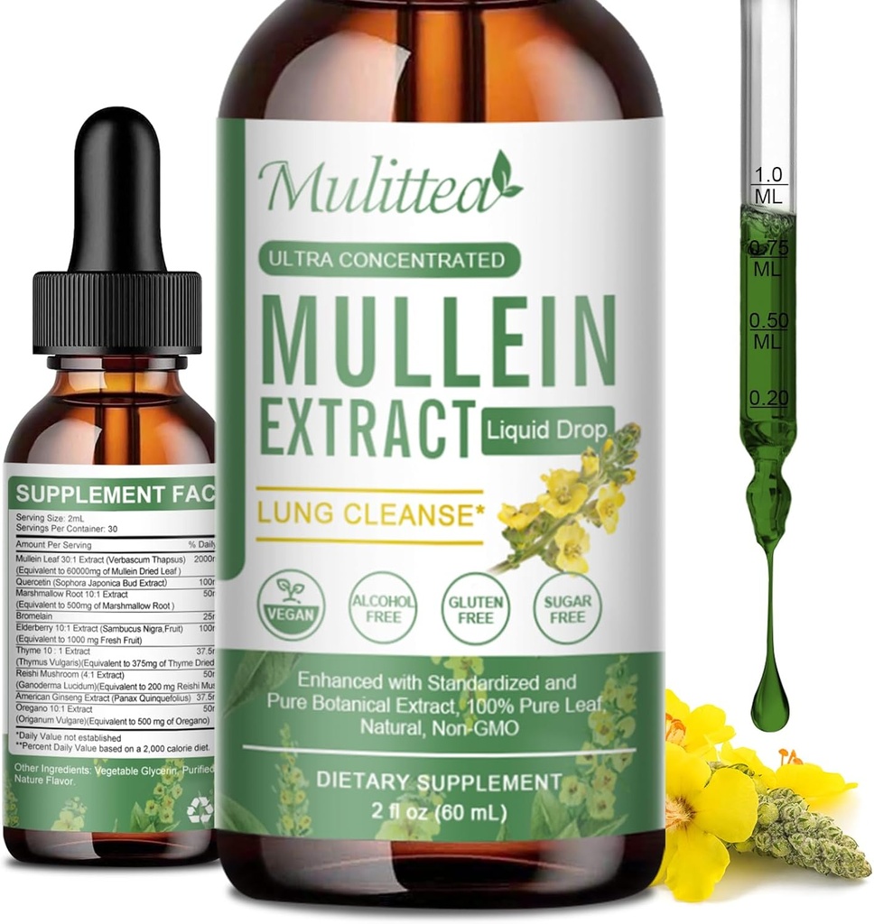 Mullein Tropfen für Lunge & Lymphatic Drainage - Lung Cleanse & Detox- Vegan Mullein Blatt Extrakt Unterstützung Immune, Atmungsaktive Verdauung -9 Potent Kräuterergänzung zu erneuern -As Liquid