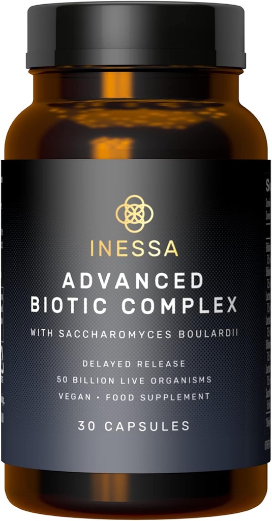 Inessa Advanced Biotic Complex - 50 billionion CFU Probiotics for Women Digestive, Gut Health With Delayed Release - 7 Strain Dairy Soy Gluten Free Probiotic supplement - 30 Vegan Capsules for Men ' Wome
