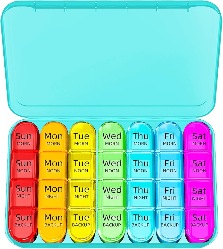 Odaro Weekly Pill Organizer 4 Times a Day, Daily Pill Box 7 Day, Big Travel Pill Case with 28 Compartment to Hold Medicine, Vitamin and Addition - Cyan Case