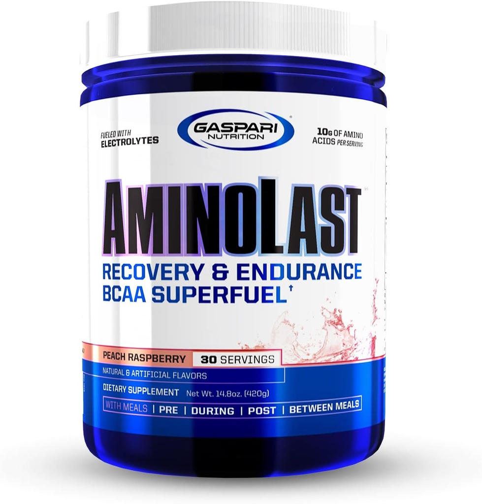 Nuktasi Gaspari: AminoLast, Muscle Recovery dan Endurance BCAA Fuel, Enhances Recovery & Replems Electrolite, 30 Servis (Peach Raspberry)