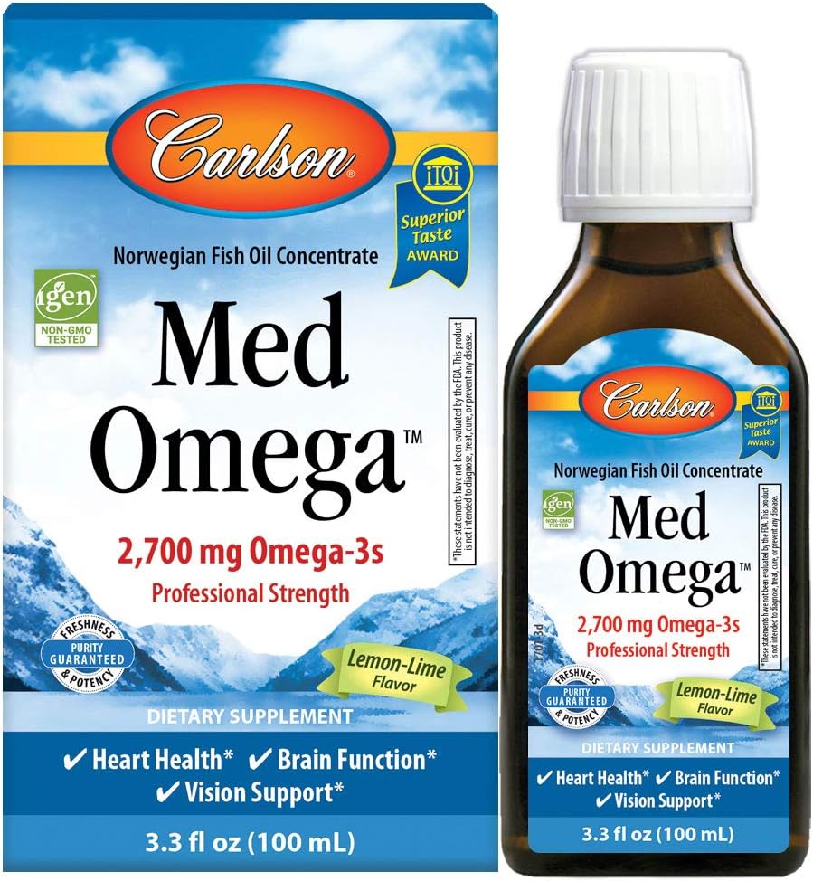 Carlson - Med Omega, 2700 mg Omega 3s Profesionālais spēks, sirds, smadzenes un redzes atbalsts, Wild Caugth & Sustainableable Sourced, Lemon-Lime, 100 ml