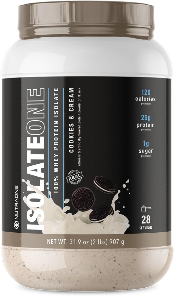 NutraOne IsolateOne Whey Izolate Protein Pulveris 100% Pure Whey Izolate pulveris (cookies & Cream - 28 Servē)