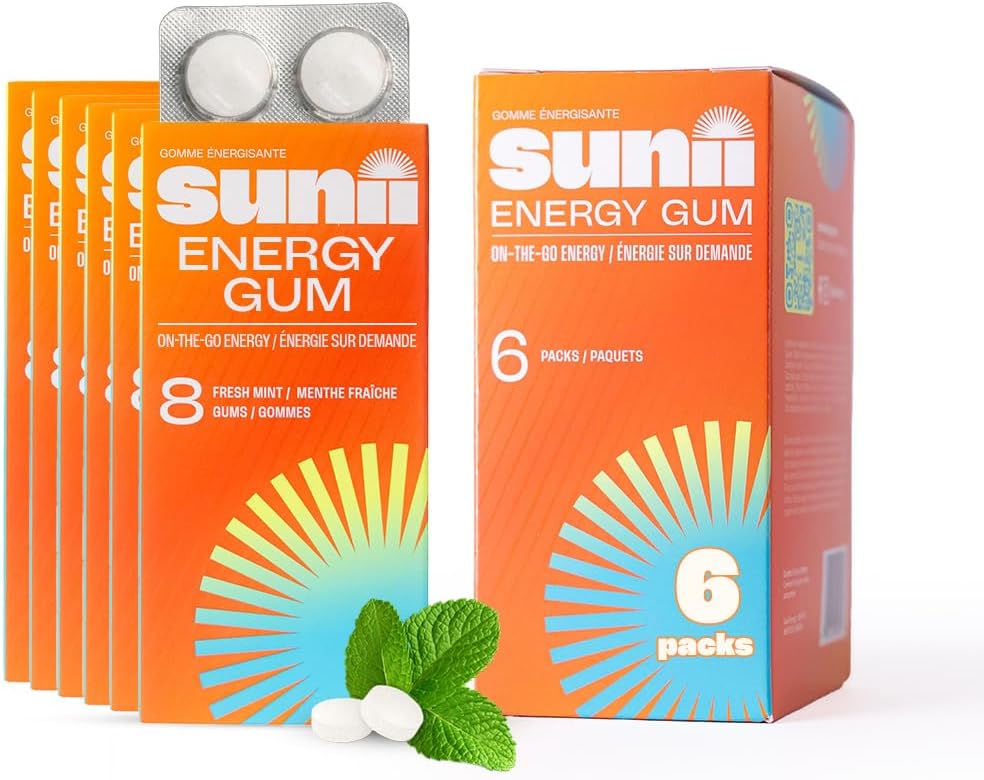 Sunii - Enerji Gum - YENİ Quick Boost Energy & Focus - 50mg Caffeine Gum -Vitamins B6 & B12, Taurine, Vegan, No Sugar, Zero Calorie, Fresh Mint Taste - Chews, İçki, Gels & Pills (48pcs)