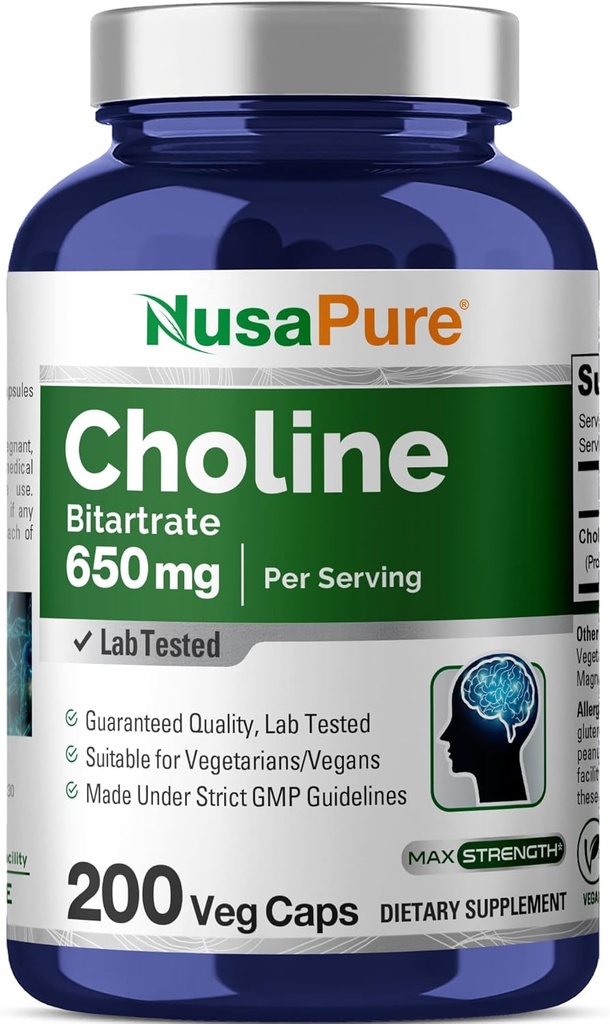 NusaPure Choline Bitartrate 650 mg 200 Veggie Capsules (Vegetariano, No GMO, Vegan)