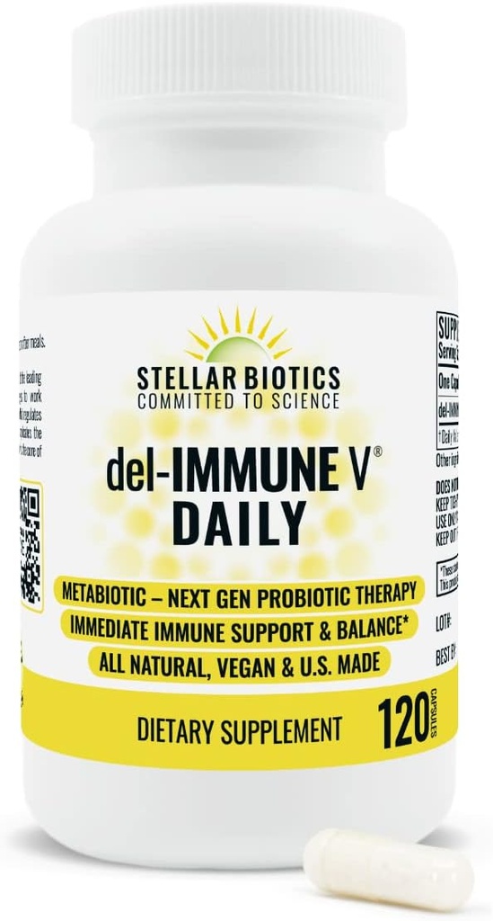 Del-Immune V® Daily by Stellar Biotics, All-Natural Immune Support & Gut Health, Umiddelbar omsorg, Metabiotika: NextGen Probiotic terapi (120 Caps)