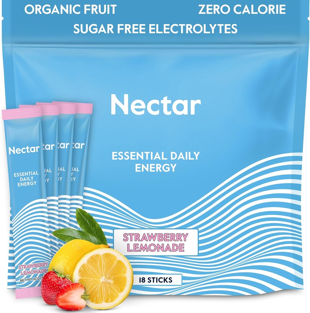 Nektar Energy Booster - Organic Caffeine, B12 & Electrolytes - Cukr zdarma & Zero Calorie - Zdravá káva, Energy Drink & Soda Alternative - Hydration & Energy Supplement (Straw. Lemonade 18 Packets)