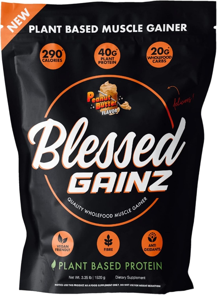BLESSED Gainz Vegan Valgu Pulber Mass Gainer - 40 g Taimepõhine Valgupulber - Toidukorra asendamine Shake hernevalguga Pulber - Veganvalgu raputamine - 40 Servings (maapähklivõi)