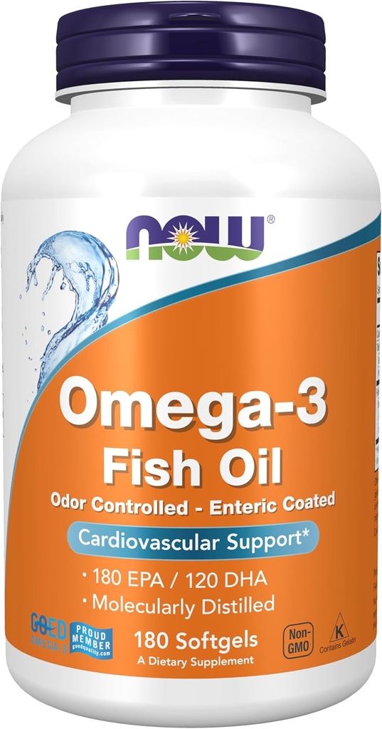 NOW uztura bagātinātāji, omega-3 180 EPA/120 DHA, zarnās pārklāts, sirds un asinsvadu atbalsts*, 180 softgeli